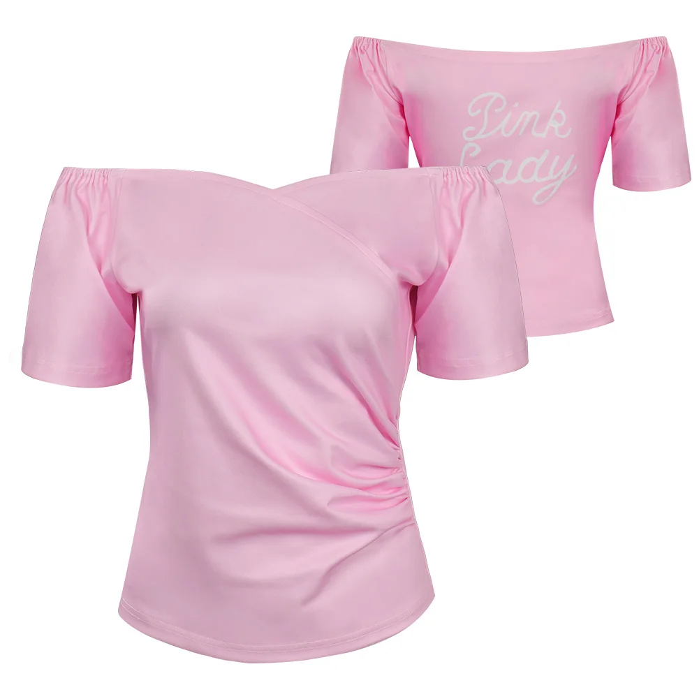 Pink Ladies Grease Cosplay Costume T-shirt Women Pink Off-shoulder Short Sleeve Shirt Top