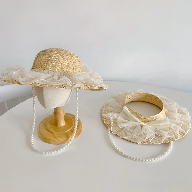 

Соломенная шляпа с сетчатым бантом и жемчугом для девочек, Пляжная Панама с большими полями для защиты от солнца, летняя