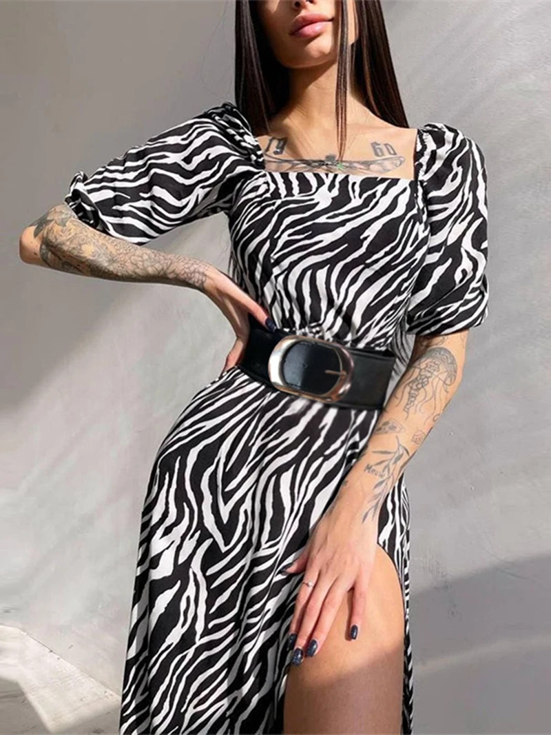 

Женское платье-трапеция в полоску, с коротким рукавом и высоким разрезом