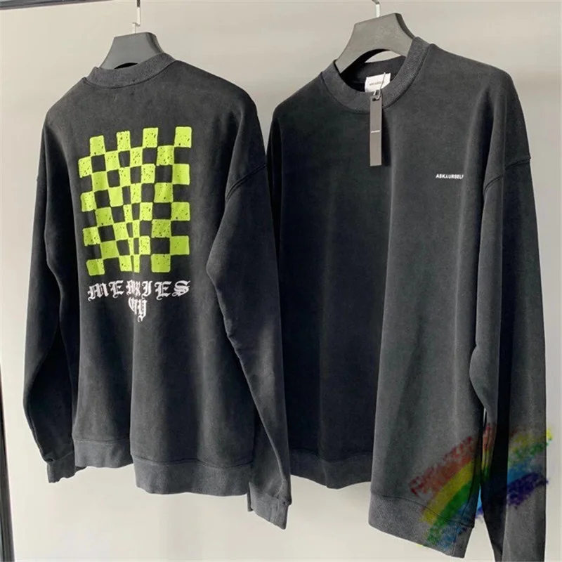 

Washed Old Vintage Askyurself Sweatshirts Men Women Crewneck Fluorescent Green Checkerboard Pullover