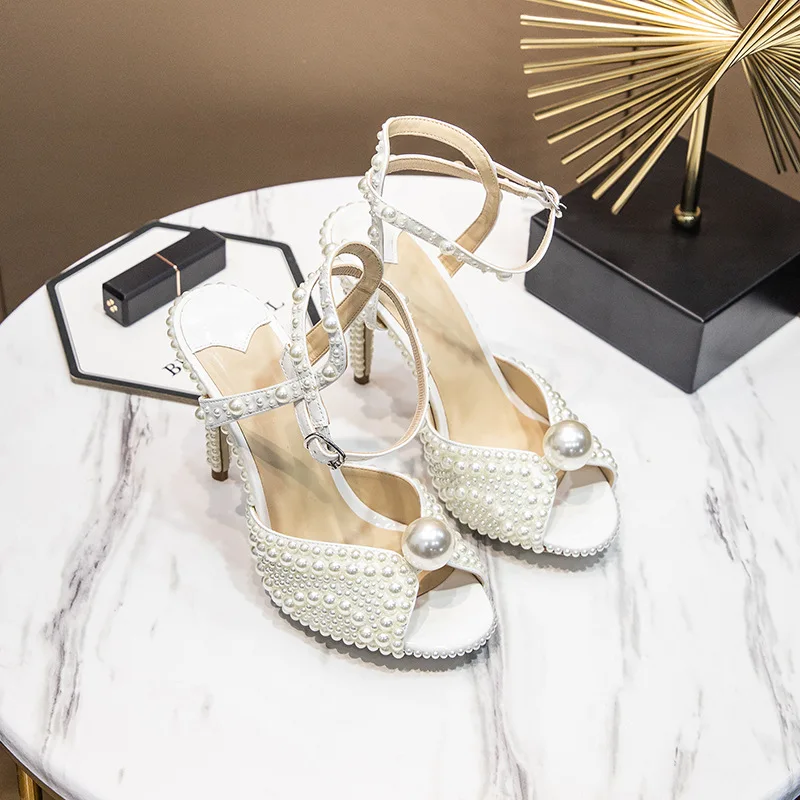 

Women Sandals Fashion High Quality Wedding Shoes Women New Pearls Studs Luxury Peep Toe High Heels Buckle Strap Woman Sandals