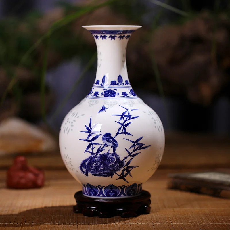 

Jingdezhen Modern Fine Bone China Vase Ceramic Vase Underglazed Blue and White With Rice Pattern With Flowers and Birds