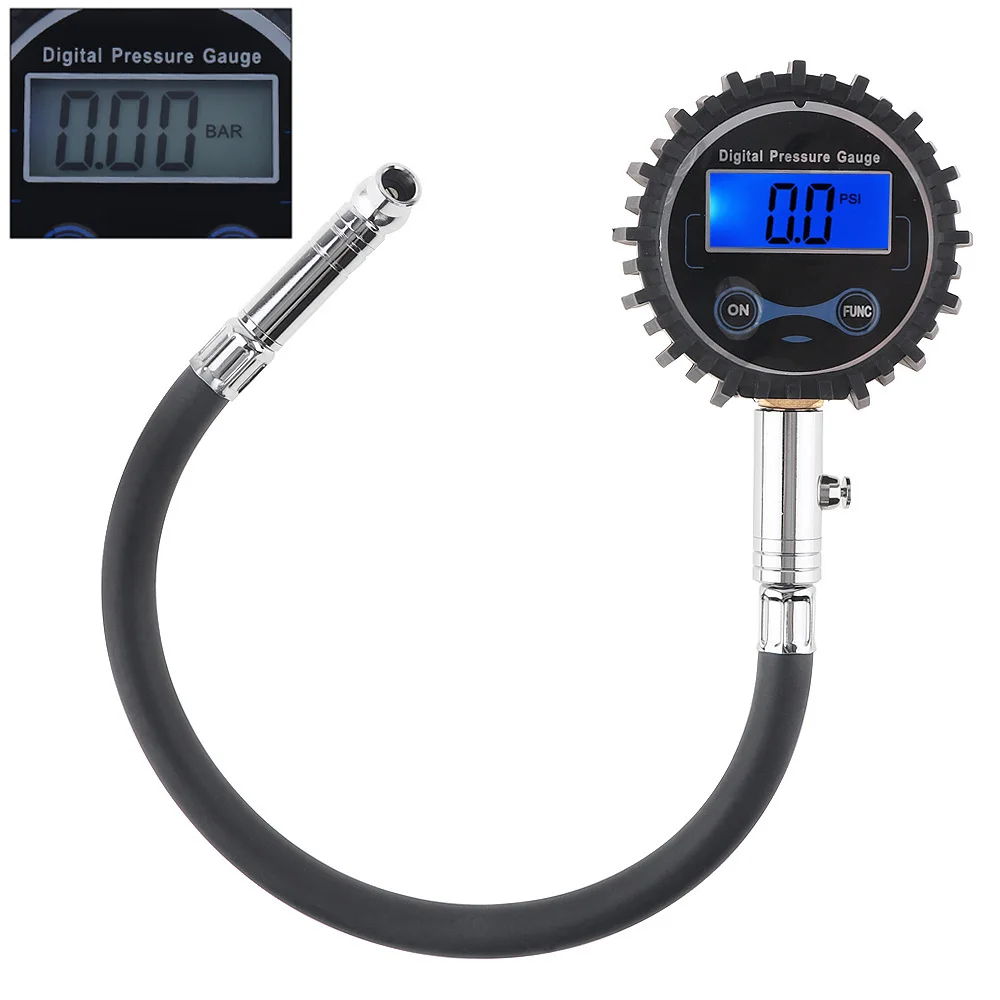 

300PSI Precision Electronic Digital Tire Gauge Lengthening Tube Pressure Measuring Valve Blue Backlight Night Vision For Car Tir