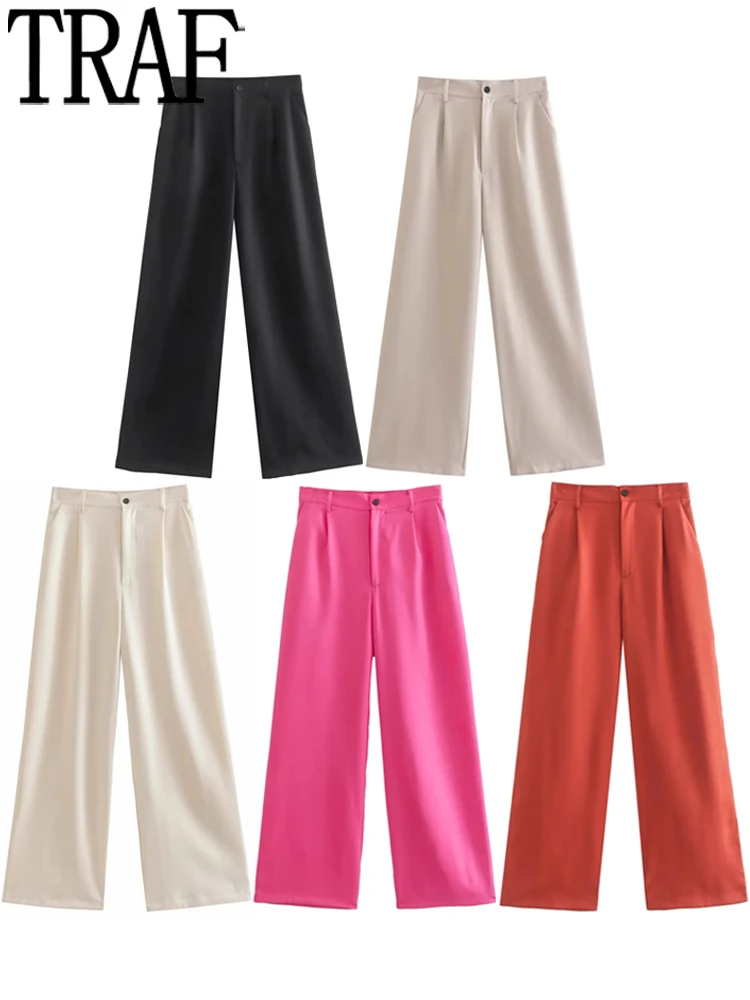 

TRAF Black Wide Leg Pants Women Beige Pink High Waist Baggy Pants Woman Summer Trousers For Women 2022 Streetwear Casual Pants