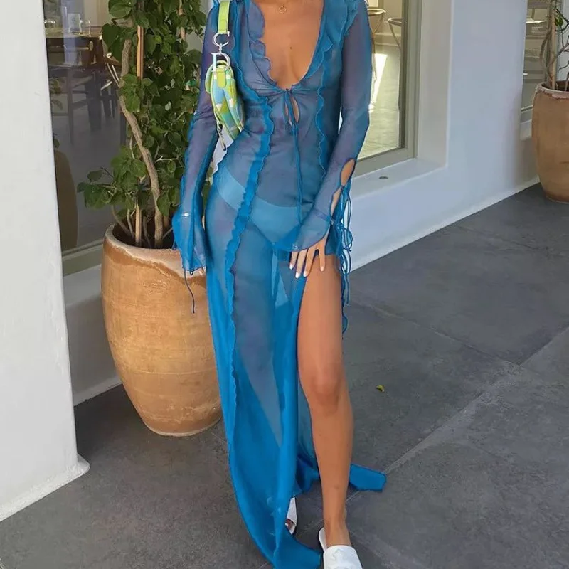 

Beach Skirt Dresses Women's Clothing Sexy See-through Anti-car Edge Tether V-neck Slit Bandage Ruffled Slim Long Skirt