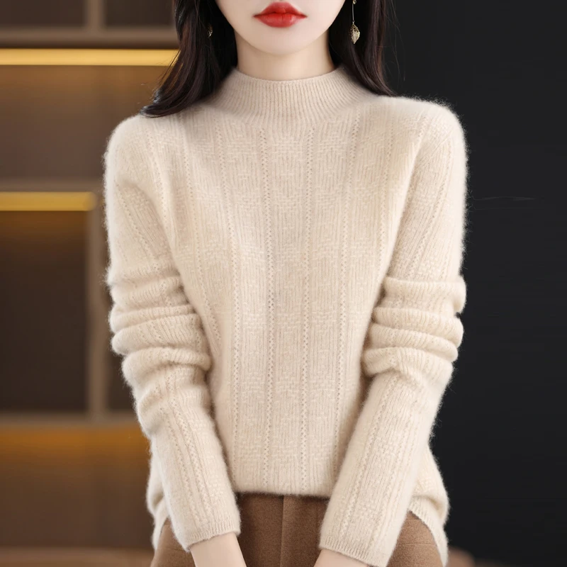 

Женский пуловер с полувысоким воротником, однотонный жаккардовый базовый роскошный корейский кашемировый топ в новом стиле для весны и осени