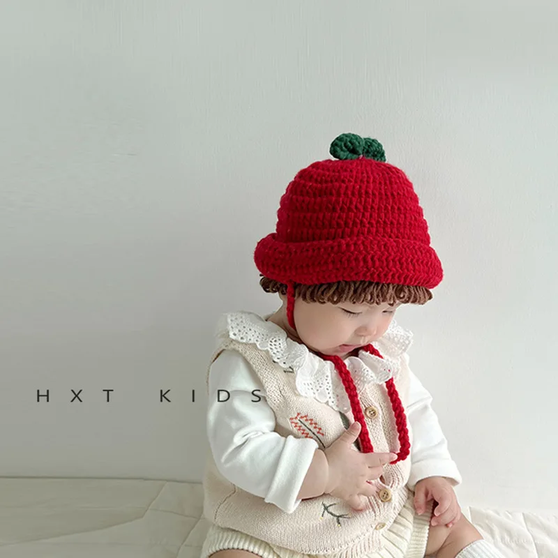 Baby Hat Wig Baby Girl 2022 New Western Style Red Lace-up Handmade Knitted Hat Autumn and Winter Warm Hat
