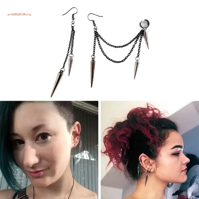 

Men Retro Black Tassel Chain Long Earrings Punk Earrings Hiphop Rivets Earrings