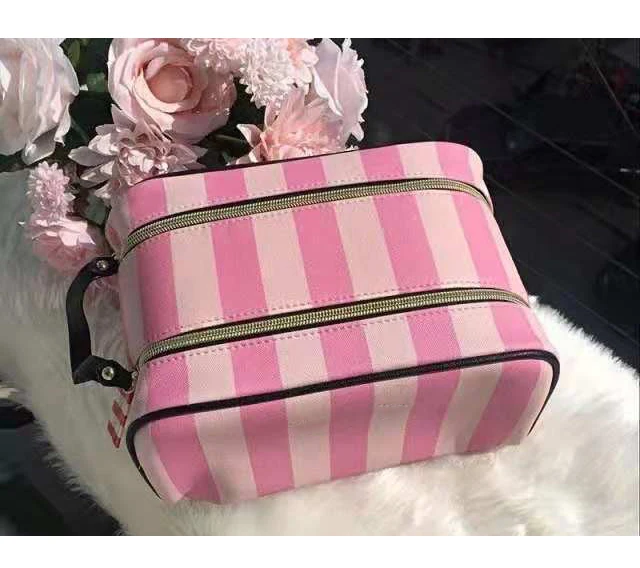 

Simple Pink Striped Waterproof Pu Cosmetic Bag Fashion 2021 New Cosmetic Bag Lady Cosmetic Storage Bag Woman Travel Big Bag