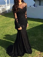 sexy black mermaid formal evening dresses 2022 lace appliques prom party gown scoop illusion neck long sleeve robe de soiree