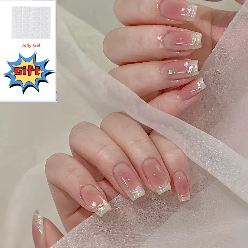 Набор для ногтей без клея, 24 шт., короткие французские румяна, наклейки для ногтей, готовые ногти, Длинные балетные ногти с 3 декоративными элементами