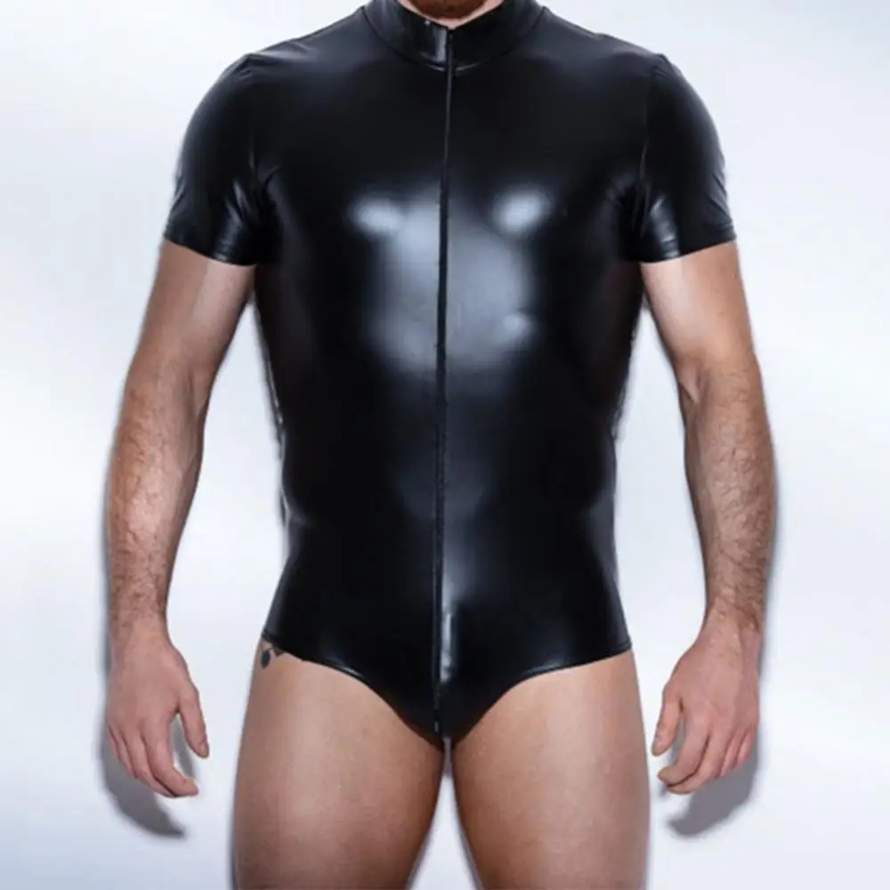 

Night Club Sexy Men Short Sleeve Faux Leather Zipper Bodysuit Slims Fits Jumpsuit