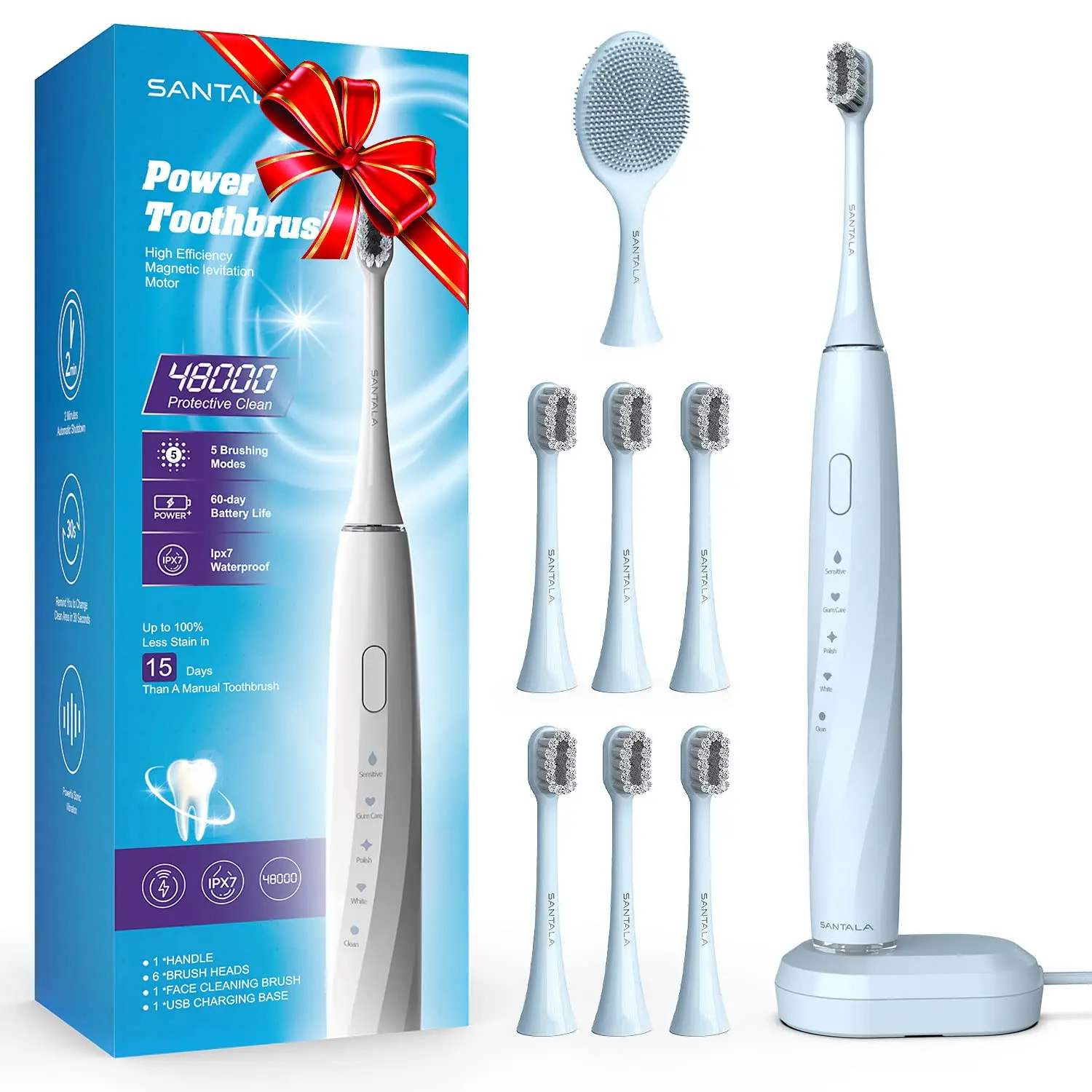 

UltraSonic Toothbrush with 6 Brush Heads and 1 Cleansing Brush, Waterproof Safe Power Toothbrush,5 Modes,One Charge for 100 Day