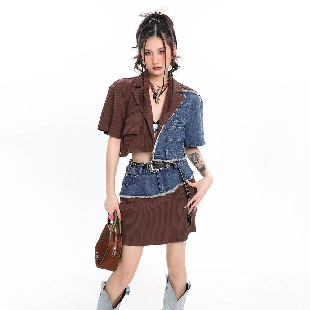 

Spice Girl Short Sleeve Denim Splice High Waist Jacket Women Sexy Mini Burrs A-line Short Skirt Fashion Suits Street Two Pieces