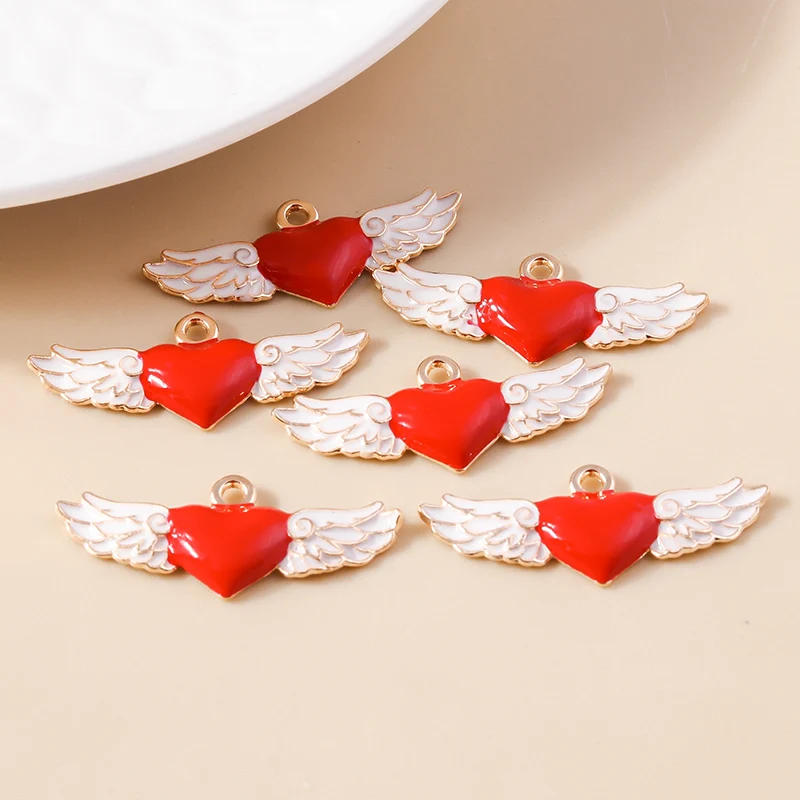 

10pcs Romantic Enamel Red Love Angle Wing Hearts Charms Pendants for Necklace Bracelet Earrings DIY Jewelry Making Accessories