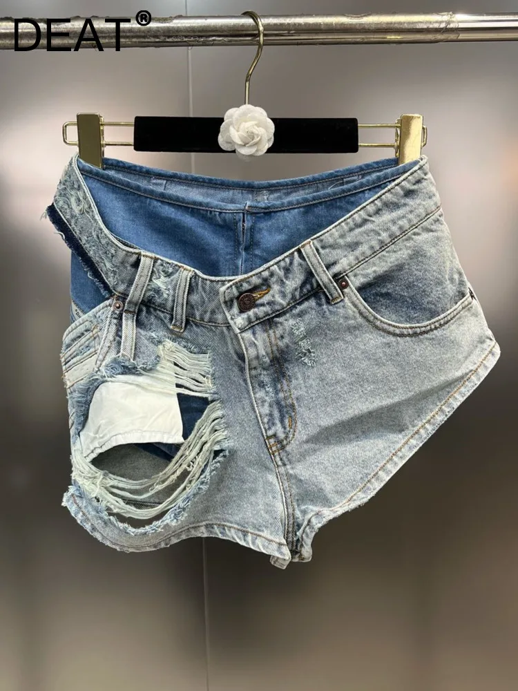 

DEAT Women's Denim Shorts High Waist Fake 2 Ppcs Distressed Loose Broken Hole Bule Short Jeans 2023 Summer New Fashion 29L137