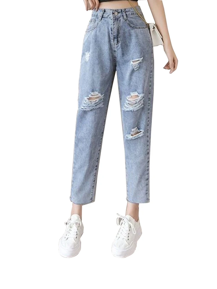 

2023 new jeans women's Harajuku style loose daddy pants summer autumn thin section high waist hole straight pants