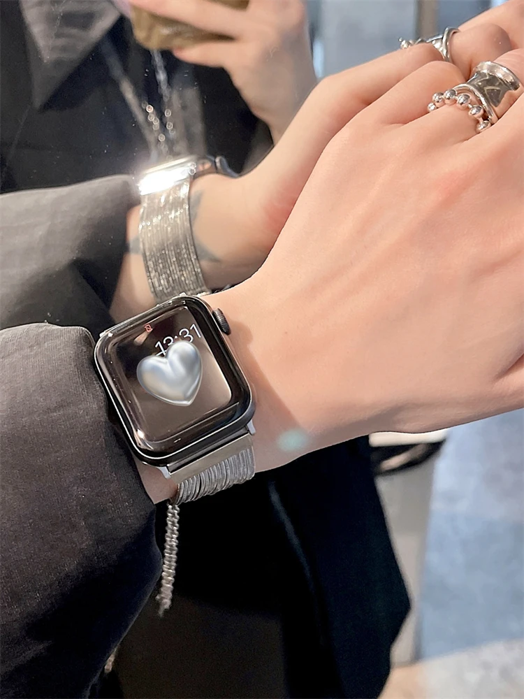 

Металлический серебристый ремешок с кисточкой для Apple Watch Band 8 7 6 Se 5, роскошный браслет из нержавеющей стали для Iwatch 40 49 мм 40 мм 38 мм