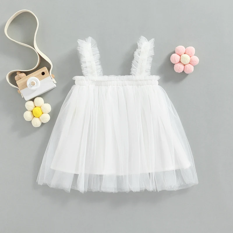Kids Girl’s Tulle Dress Sleeveless Pleated Solid Summer for Party Stage Show