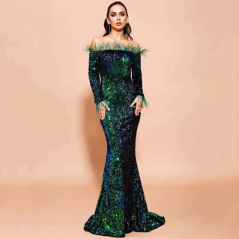 Sequins Evening Party Dress for Women Feather Trim Long Sleeve Banquet Gown Elegant Ladies Party Dresses for Women Vestidos