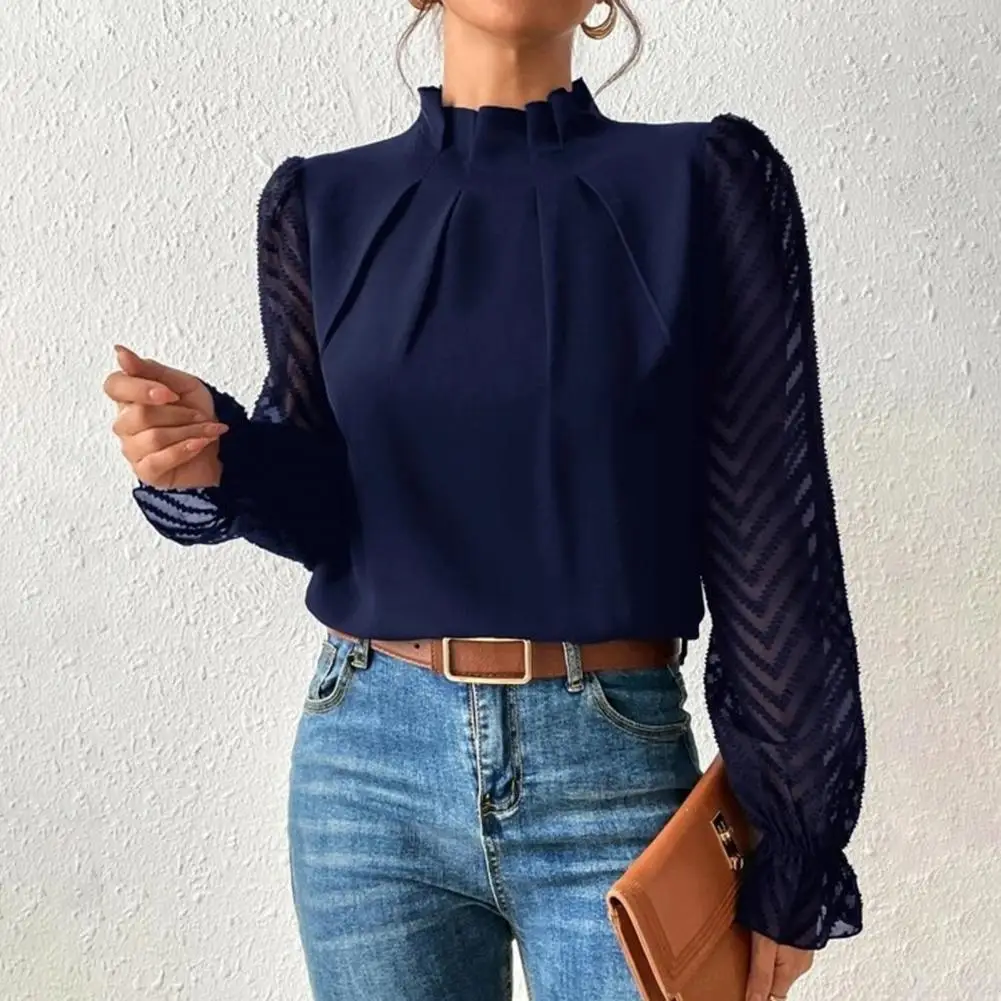 

Autumn Lady Top Elegant Lace Patchwork Blouse Stylish Women's Ol Fashion with Ruffle Sleeves See-through Design Women Shirt