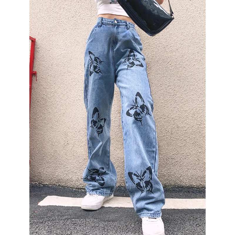 Butterfly Print Loose Casual Wide Leg Jeans Woman Spring Summer New Women Clothing Fashion Show Thin Simple High Waisted Jeans
