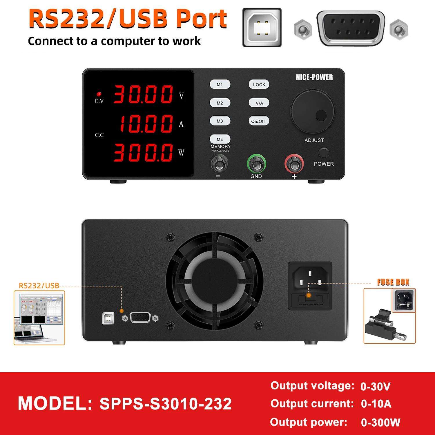 

NICE-POWER Programmable Switching Power Supply RS-232 DC Adjustable Laboratory Bench Power Source USB Charge Voltage Regulator