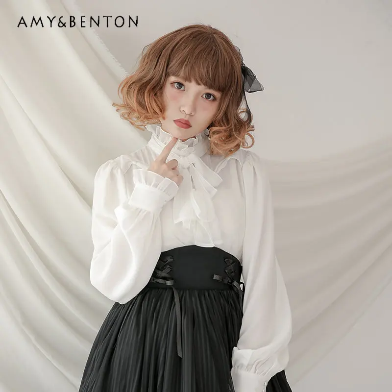 Enlarge Chiffon Lolita Style Lantern Sleeve Vintage Shirt for Ladies Elegant Casual Blouse Women Tops
