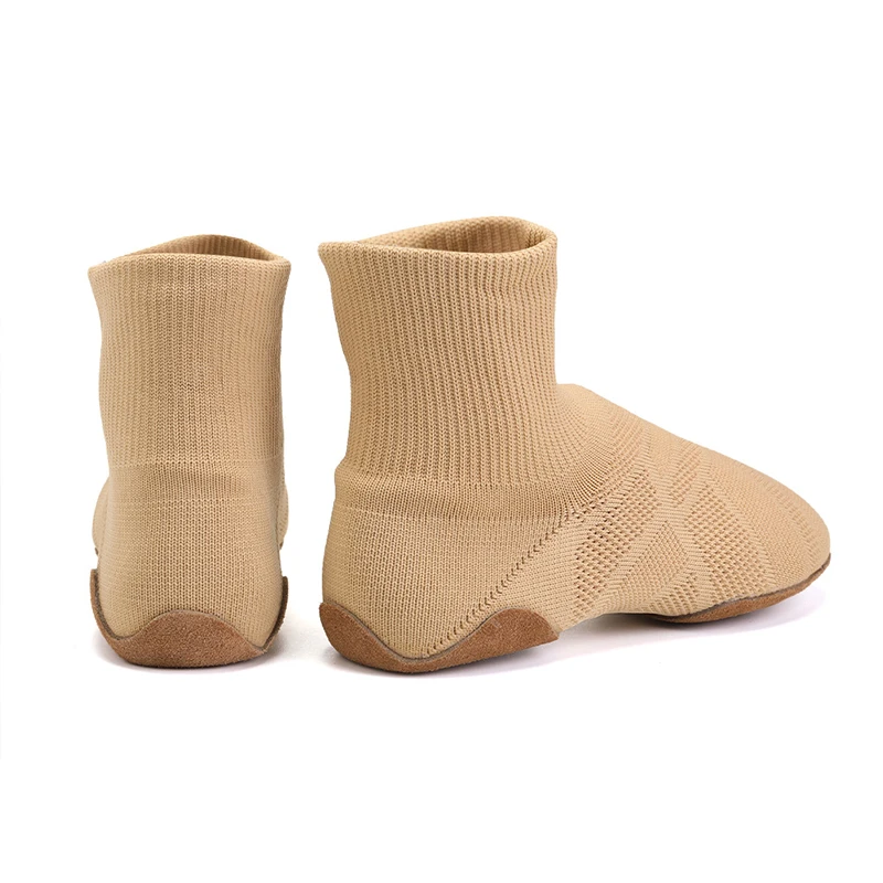 RUYBOZRY Knitted Jazz Dance Shoes Tan Black Adult Dance Sneakers Light Weight Slip On Sports Boot Breathable Modern Booties