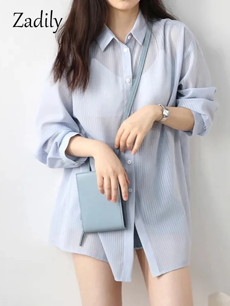 

Zadily 2022 Summer Casual Long Sleeve Stripe Chiffon Shirt Beach Button Sun Protection Ladies Tops Female Transparent Clothing