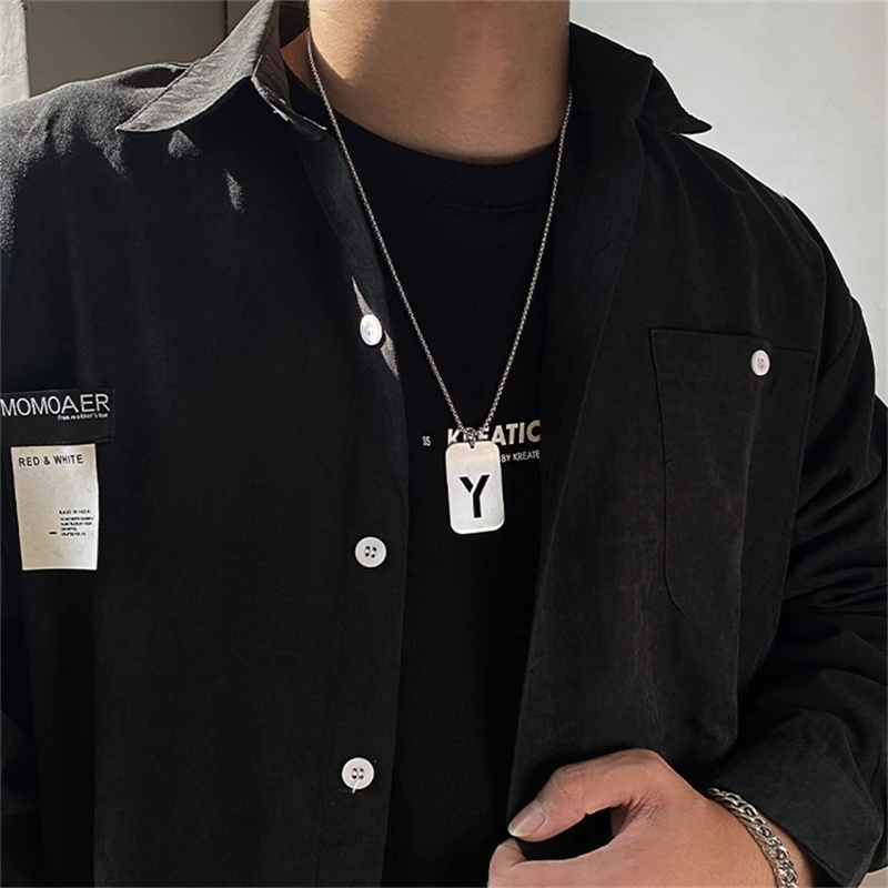 Letter Hollow Necklace Men's and Women's Hip Hop Accessories Rectangle Stainless Steel Smooth Military Brand Pendant Necklace