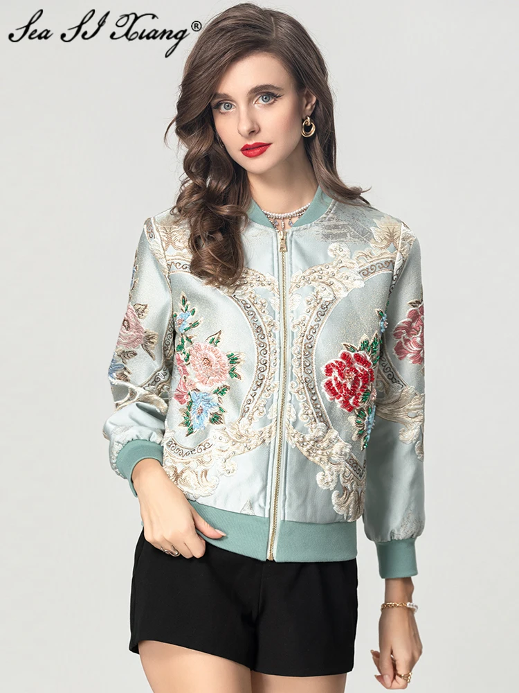 Женская жаккардовая куртка Seasixiang винтажная с круглым вырезом длинными рукавами