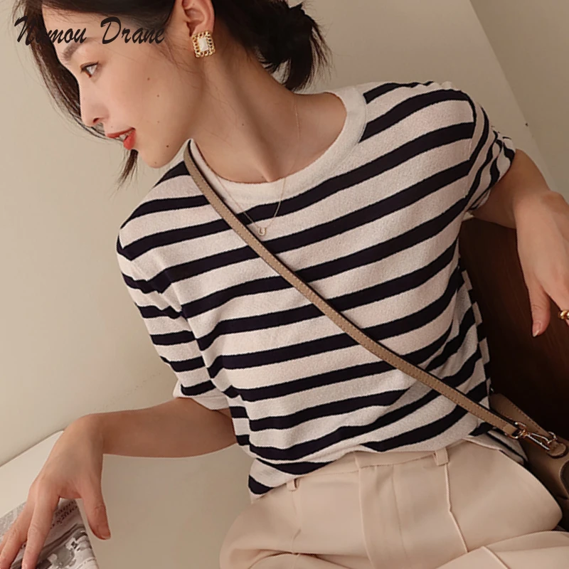 

Женский трикотажный топ в полоску Namou Drane, футболка с коротким рукавом и графическим рисунком, весна-лето 2022