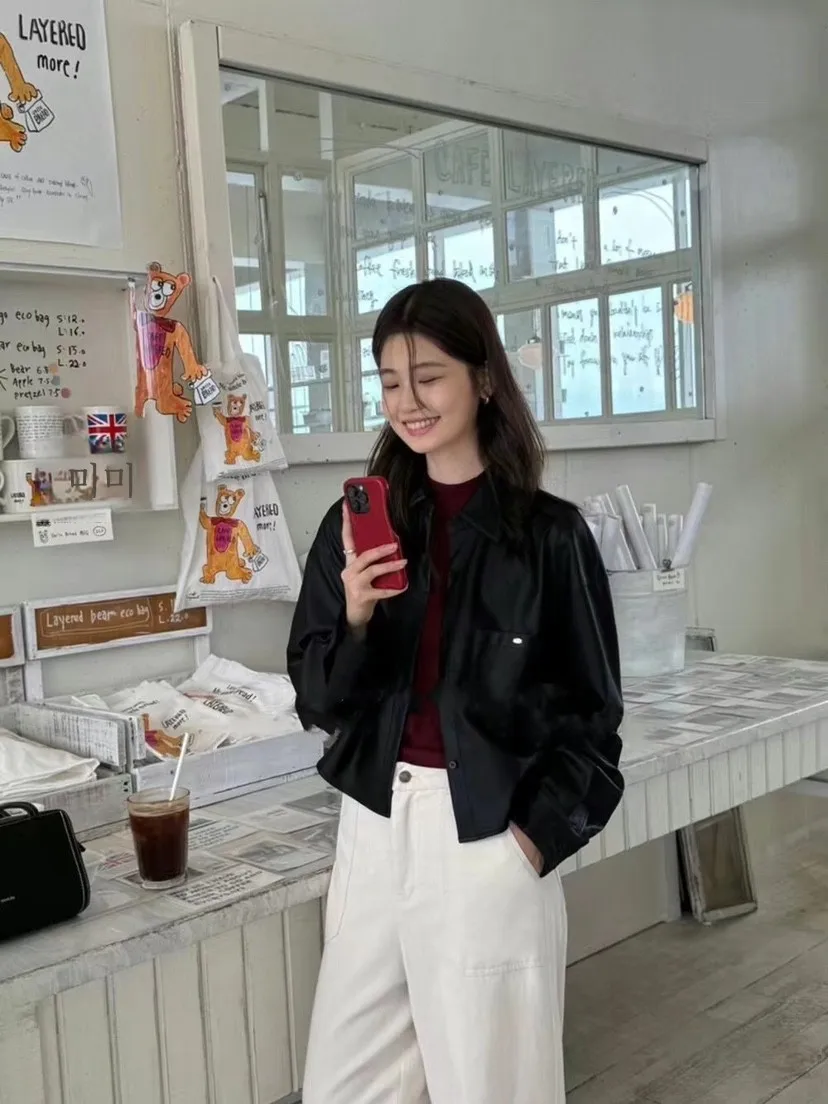 Корейская серия простая верхняя одежда из искусственной кожи женская