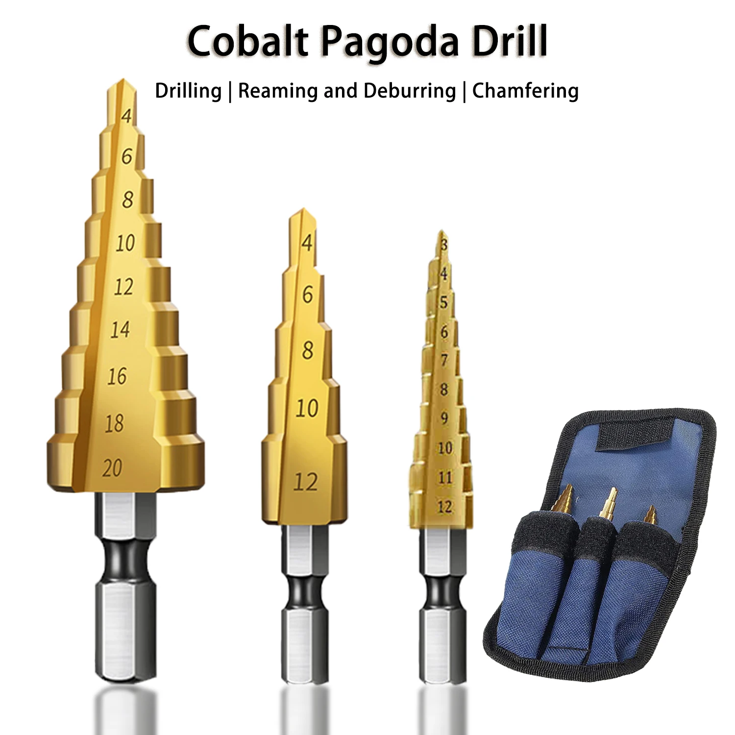 

3 Pack HSS Straight Fluted Step Bits Titanium Coated Wood Metal Hole Cutter Core Drill Set 3-12mm 4-12mm 4-20mm
