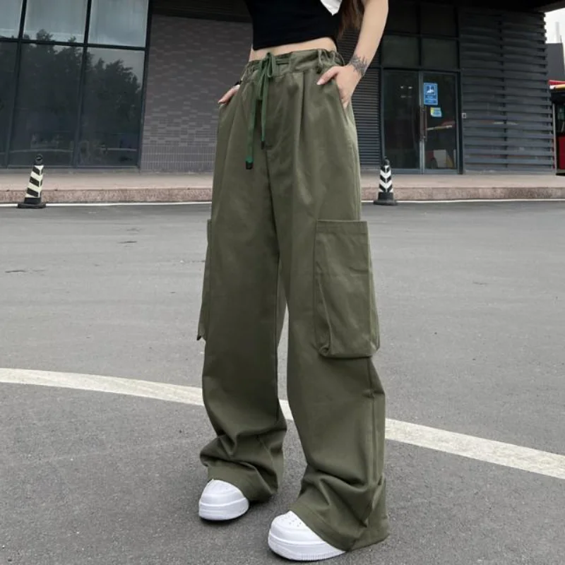

Summer Female Ins Army Green Straight Y2k Pants Joggers Women Tooling Strap Big Pocket Loose Casual Wide Legs Mop Trousers