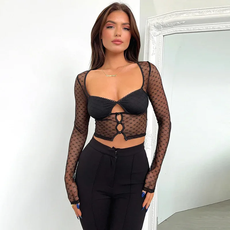 

Foreign Trade Women's Clothing, European and American Mesh Stitching, Embroidered Low Cut Single Breasted Top, Sexy Street Spicy