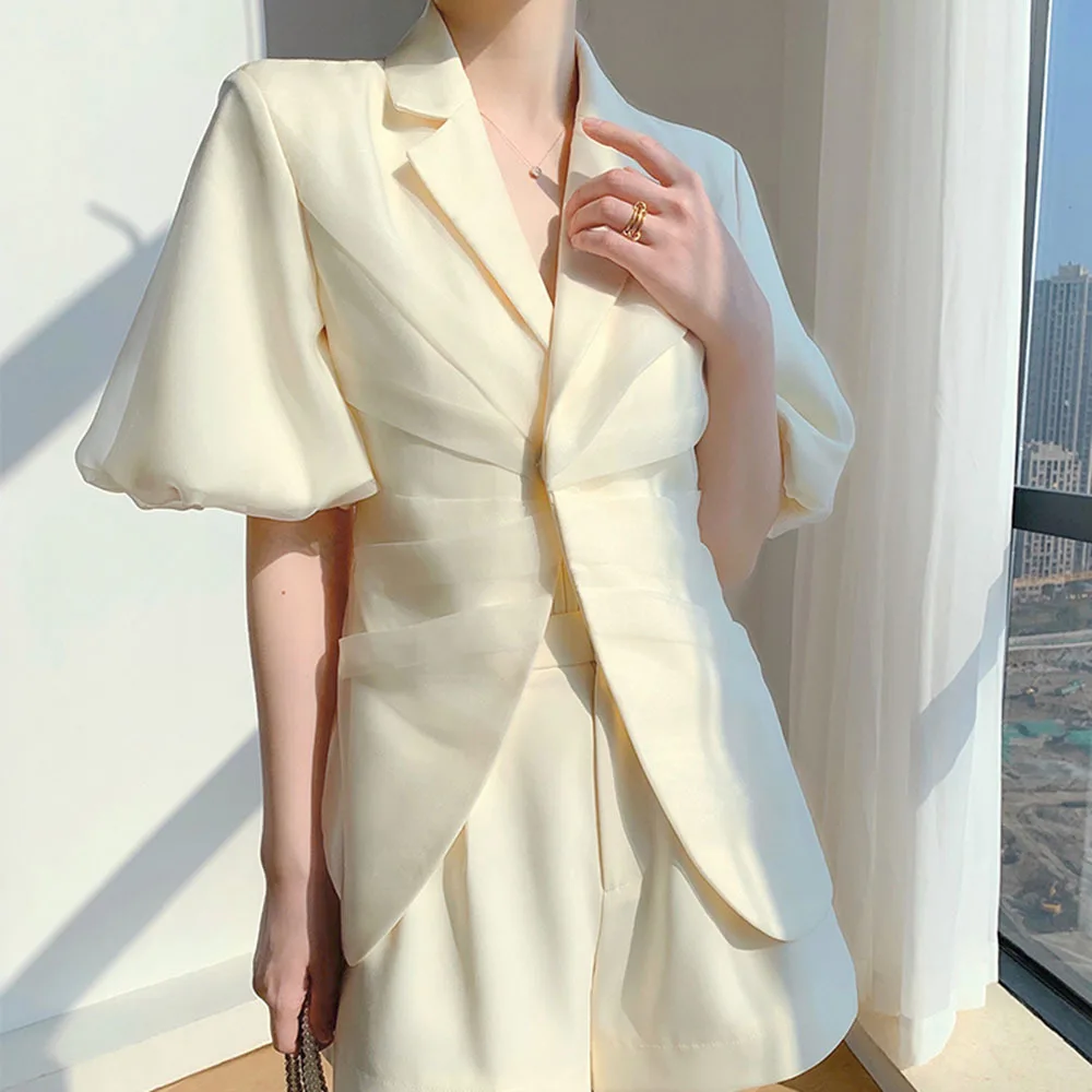 

2022 Summer Shorts Commuter Suit Tulle Patchwork Short Sleeve Suit Blazer High Waist Loose Shorts Business Pants Two-piece Set