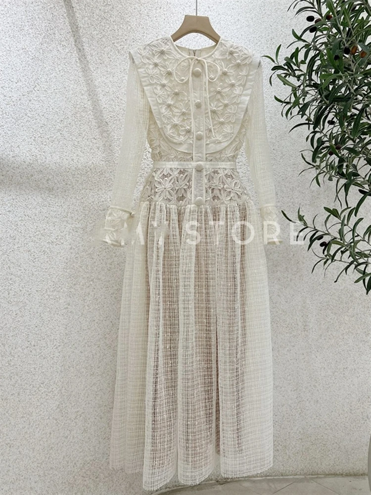 Fall Solid Vintage 2023 Runway Woman Luxury Dress Lace Embroidery Spring Dresses Women Party Boho Long Sleeve High Waist Elegant