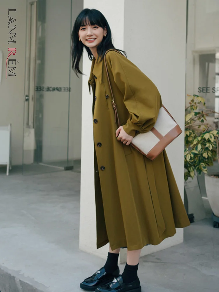 

LANMREM свободная пальто для женщин однобортная однотонная модная ветровка с поясом, Новинка осени 2023, 2DA1789