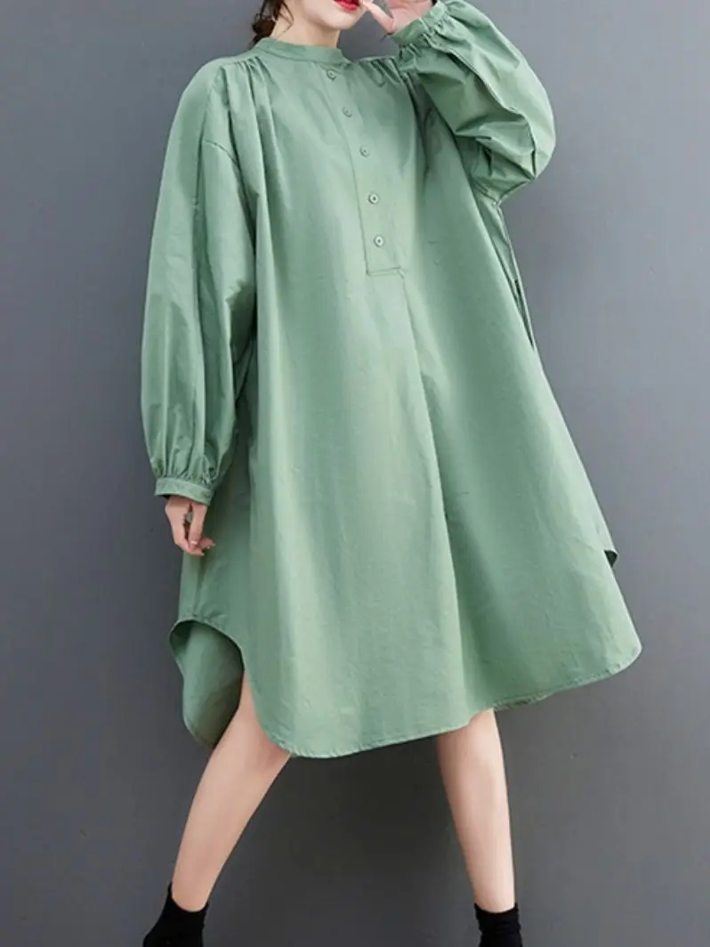 

Женское платье-рубашка с воротником-стойкой, свободное универсальное модное однотонное платье с рукавами-фонариками, весна-лето 2023