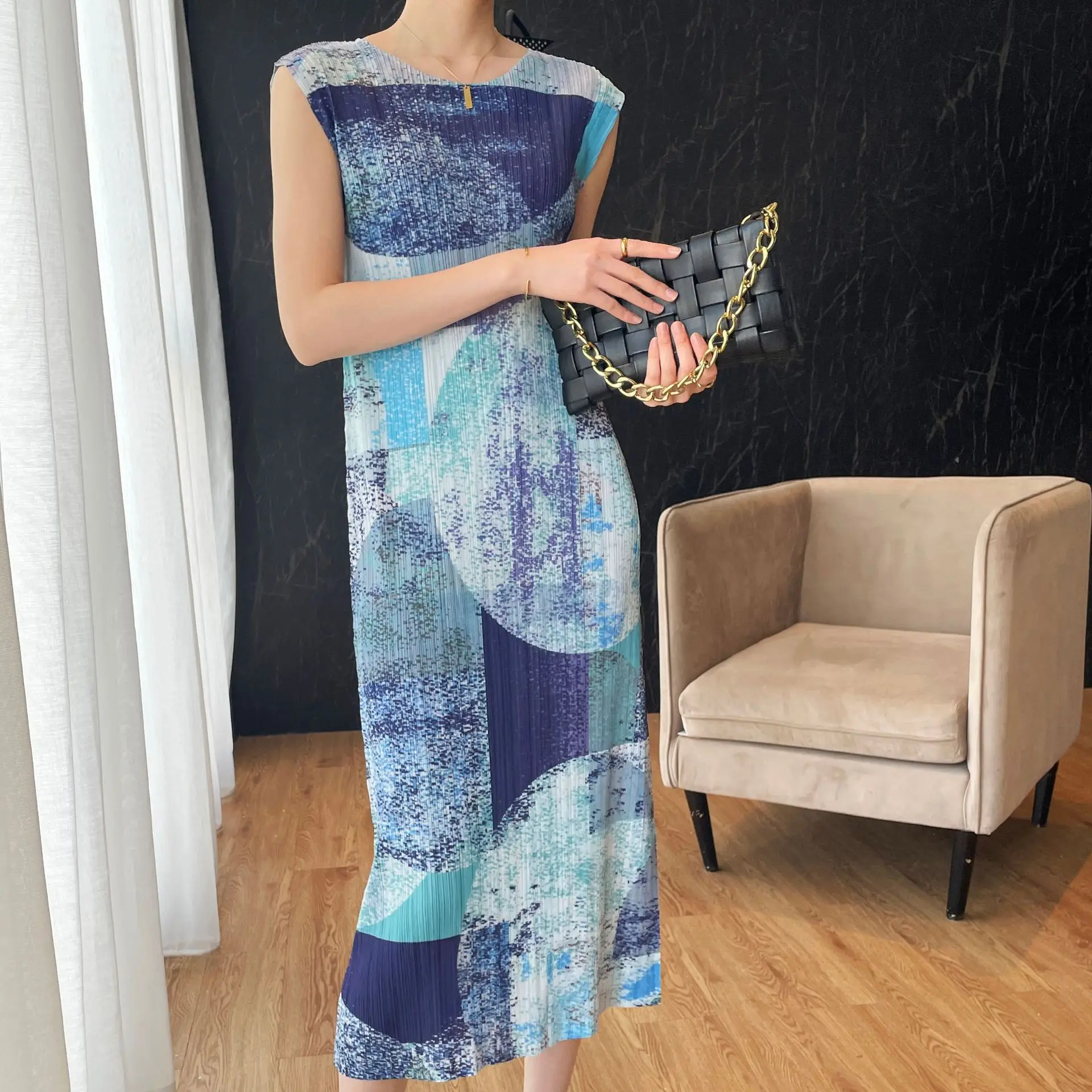 

Miyake pleated summer ladies casual literary fan Guofeng retro print loose waist women's dress
