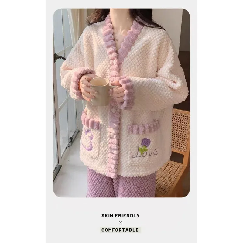 Коралловые бархатные пижамы женские осень/зима 2024 новый флисовый утепленный