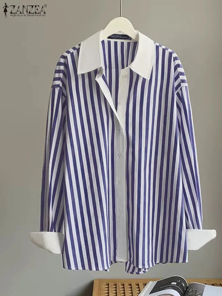 

Топ ZANZEA женский оверсайз с длинным рукавом, модная туника, винтажные полосатые рубашки, повседневные свободные пуловеры, Офисная Дамская блуза с лацканами, 2023