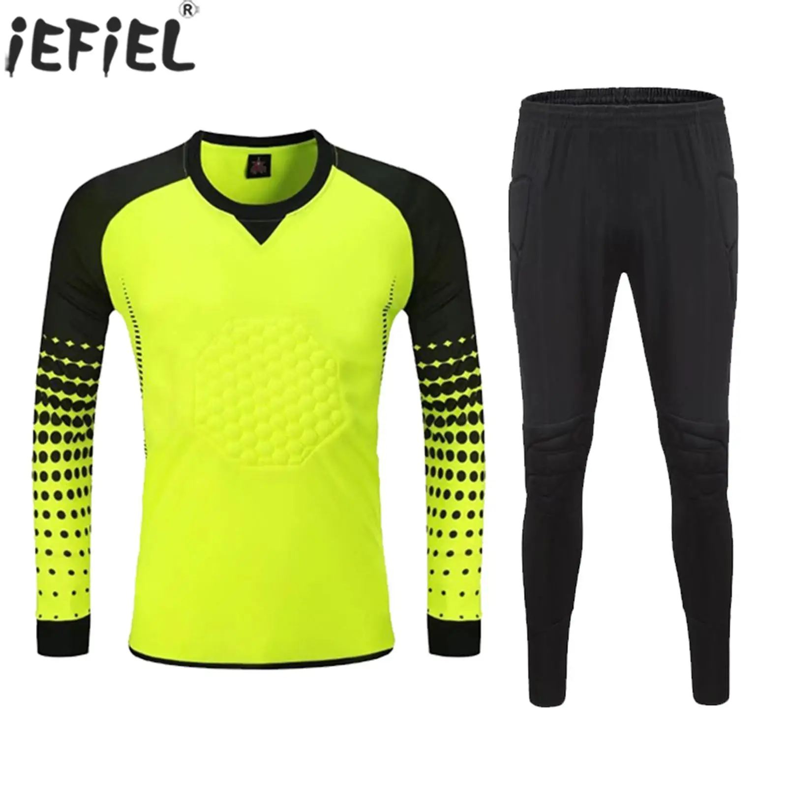 

Teens Boys Soccer Goalkeeper Clothes Set Football Training Competition Outfits Long Sleeve Padded Protection T-shirt with Pants