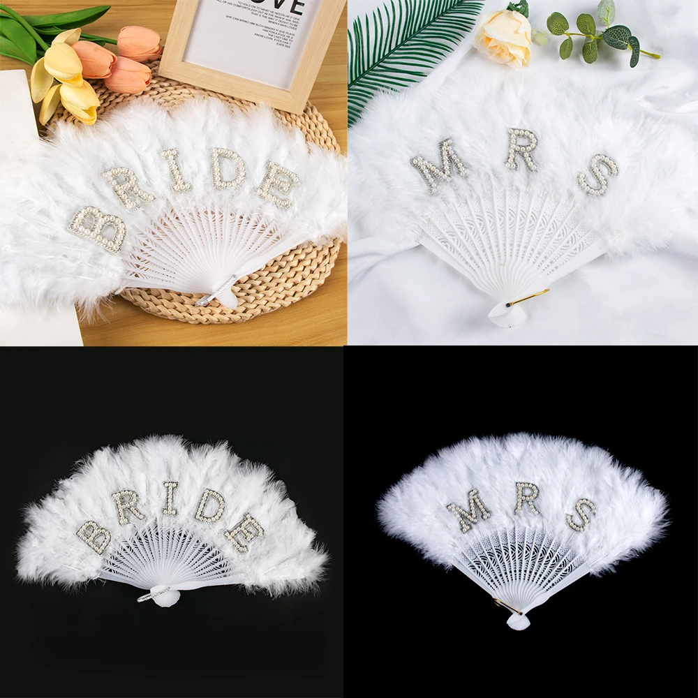 Свадебное украшение Mrs/Bride веер с жемчужинами и перьями винтажный складной