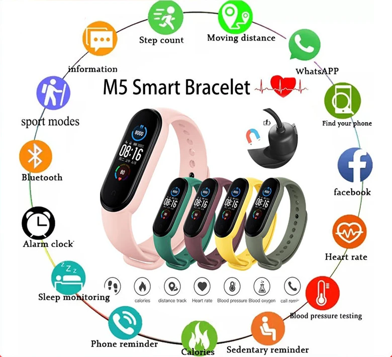 

2022 New For Apple Xiaomi Huawei M5 Smart Watch Heart Rate Monitor Waterproof Kids Sports