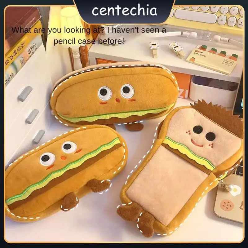 

Pencil Box Lovely Zipper Smooth Pencil Case Feel Comfortable Practical Stationery Class Hamburg Shape Stationery Bag Plush Brown