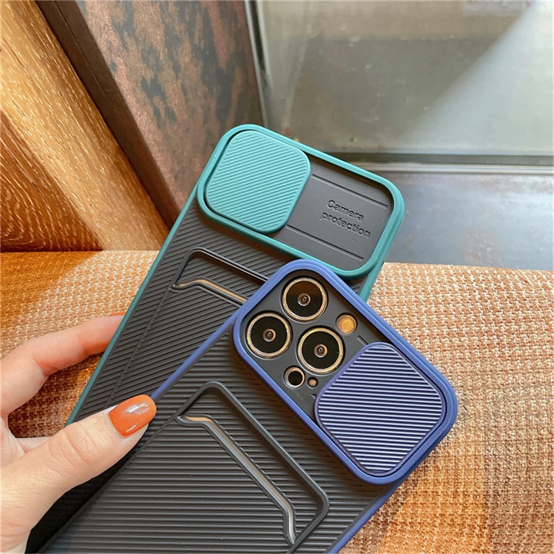 Slide Camera Protection Carbon Fiber Case For iPhone 13 Pro Max 12 11 XR XS X SE 2 6S 7 8 Plus Wallet Card Holder Silicone Cover