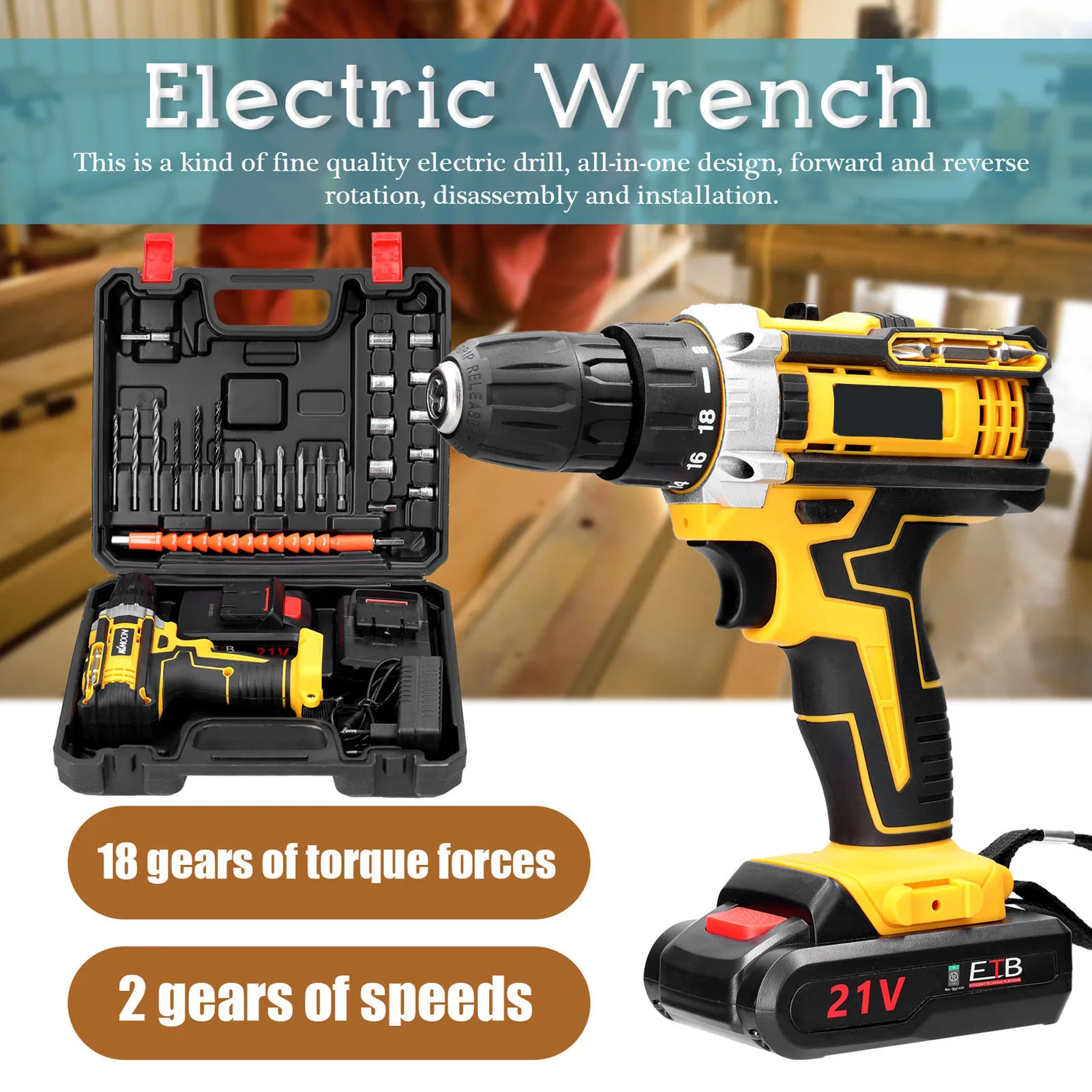 

21V Cordless Electric Drill Brush Motor 2 Speeds Adjustment 18 Gears of Torque Adjustable Holes Drilling Machine Electric Drill